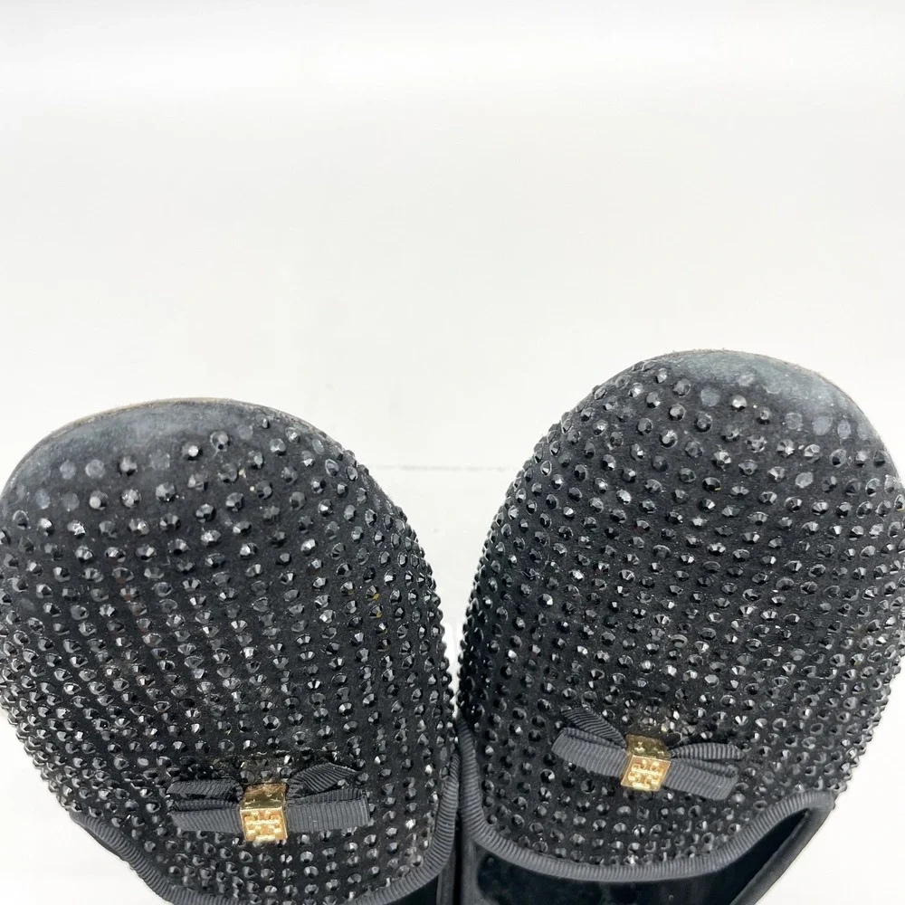Tory Burch Womens 7M Chandra Black Crystal Suede Smoking Loafer Flat Preppy Glam